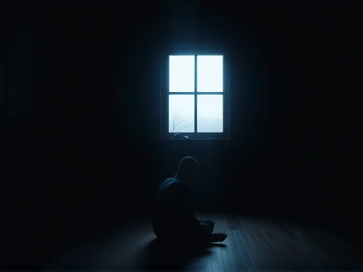 A person sitting alone in a dark room, feeling helpless and overwhelmed, with a single ray of light shining through a window.