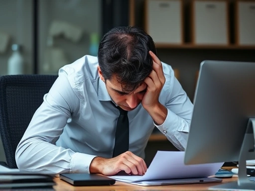 A stressed office worker hunched over a desk, illustrating the dangers of overwork and need for prevention.