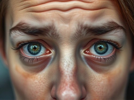 Close-up of a person's tired eyes, symbolizing the importance of recognizing overwork risk factors early on.
