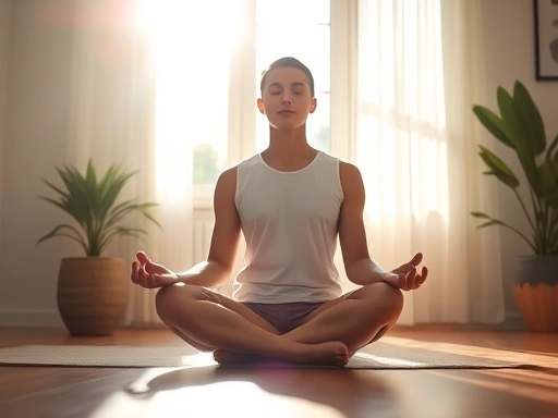 A person peacefully meditating in a sunlit room, creating a sense of calm and focus for a productive day.