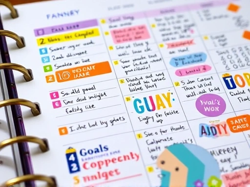 Close-up of a planner with colorful notes and stickers, showcasing detailed daily schedule and goal setting.