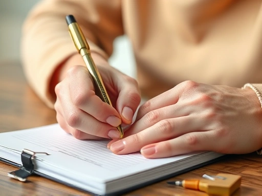 노트와 펜으로 걱정 일기를 쓰거나 심호흡을 하는 손의 클로즈업, 차분한 색감과 집중하는 모습