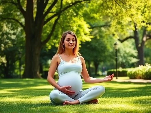 Pregnant woman meditating peacefully in a serene park, surrounded by lush greenery and sunlight, practicing mindfulness to reduce stress.