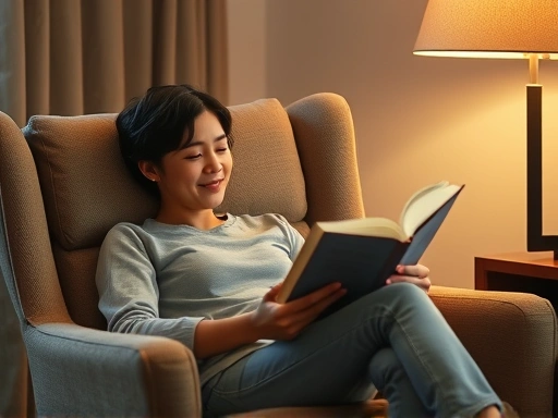 A person peacefully reading a book in a cozy armchair with soft lighting, emphasizing relaxation.