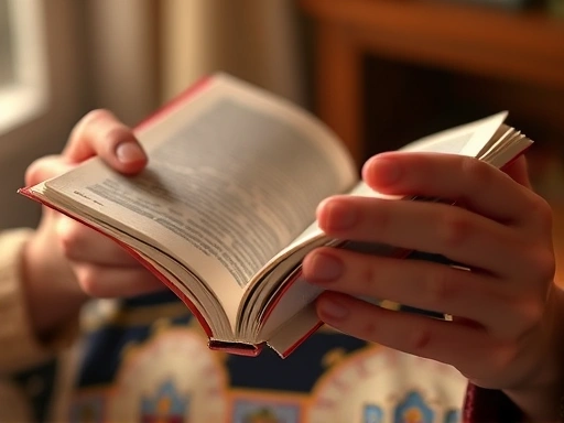 Close-up of hands holding a book with warm light, focus on the texture of the pages and the relaxed atmosphere.