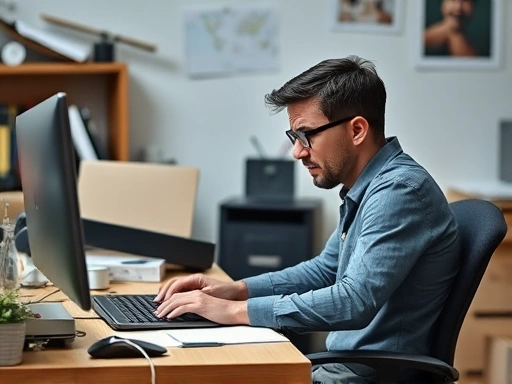 A person working remotely at a desk, looking stressed and isolated, with a messy background.