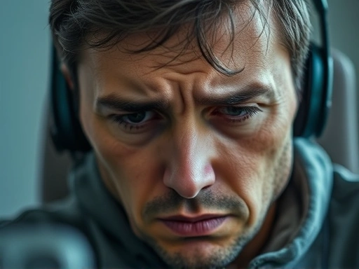 Close-up of a stressed person's face working remotely, focusing on the furrowed brow and tired eyes.