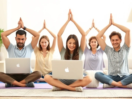 다양한 연령과 직업의 사람들이 노트북 앞에서 편안하게 앉아 스트레칭을 하거나 명상을 하는 모습
