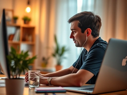 따뜻한 조명이 비치는 홈 오피스에서 한 사람이 편안한 자세로 이어폰을 끼고 차분하게 업무에 집중하는 모습