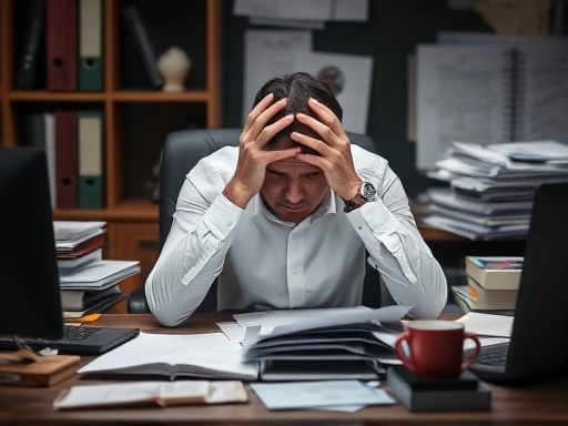 A stressed employee sits at their desk, head in hands, amidst papers and files, feeling overwhelmed by corporate restructuring.