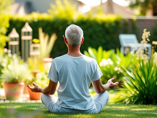 A serene individual meditating in a peaceful garden, reflecting on life's new chapter after retirement, representing overcoming identity crisis.