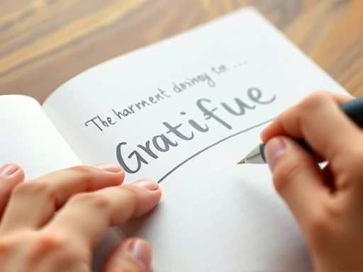 Close-up shot of a hand writing in a gratitude journal, symbolizing positive mindset and self-reflection during retirement identity exploration.