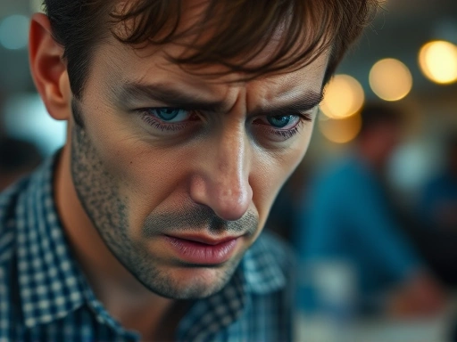 Close-up of a stressed person's face, showing signs of anxiety and tension, with a blurred background representing chaotic work environment