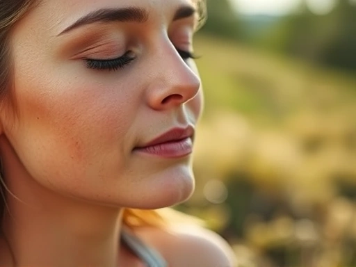 개인이 스트레스로부터 벗어나 평화롭게 명상하거나 자연 속에서 휴식을 취하는 클로즈업 장면