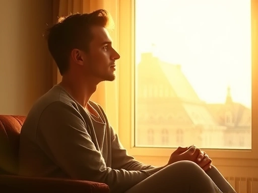 창밖을 응시하며 조용히 생각에 잠겨있는 한 사람이 따뜻한 햇살 아래 앉아있는 모습