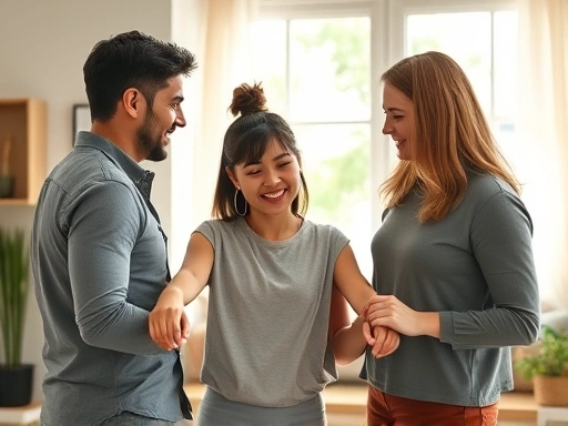 A young adult confidently setting healthy boundaries with loving parents in a serene, sunlit home environment
