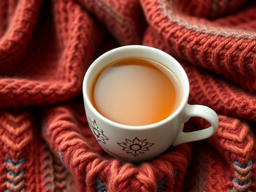 Close-up of a comforting cup of tea and a warm blanket, representing self-care and solace in overcoming the solitude of single life