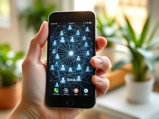 스마트폰 화면을 통해 복잡하게 얽힌 인간관계의 선들이 보이는 클로즈업 샷.