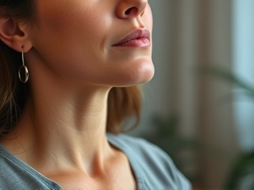 Close-up of a woman meditating to relieve stress and manage allergy symptoms, with soft lighting and focus on relaxation techniques.