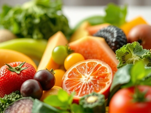 Detailed shot of healthy foods like fruits and vegetables, emphasizing their role in reducing stress-related allergy flare-ups and promoting overall wellness.