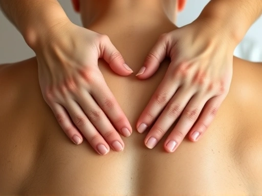 Close-up of hands performing a gentle back massage technique, demonstrating stress relief for back pain management.