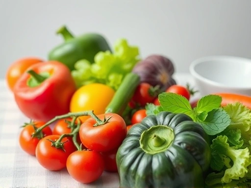 Close-up of fresh vegetables and fruits on a table, promoting healthy digestion and relieving constipation.