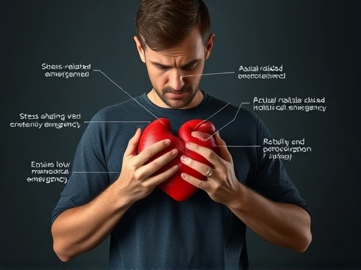 다양한 신체 증상을 나타내는 불안한 남성이 심장 부분을 잡고 있는 모습