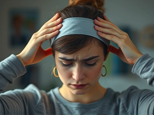 A person with a band-like headache, holding their temples, against a blurred background suggesting stress and tension.