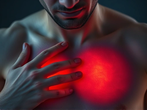 Close-up of a person experiencing chest pain due to stress, a key symptom of potential heart attack.