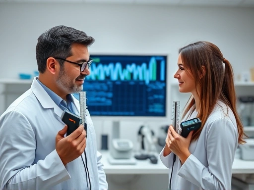 다양한 기기들로 스트레스 호르몬 수치를 측정하는 남성과 여성의 모습