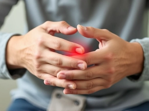 Close-up of hands gently massaging a painful joint, emphasizing stress-induced arthritis relief.