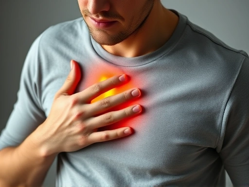 Person experiencing heartburn clutching chest in discomfort, depicting stress-induced hyperacidity.
