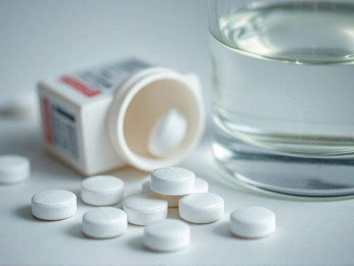 Close-up of antacid tablets and a glass of water, symbolizing immediate relief for stress-induced hyperacidity.