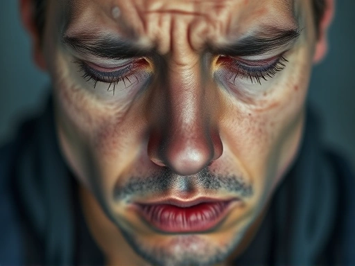 Close-up on a distressed face experiencing stress-induced shock, focusing on signs like paleness and cold sweat