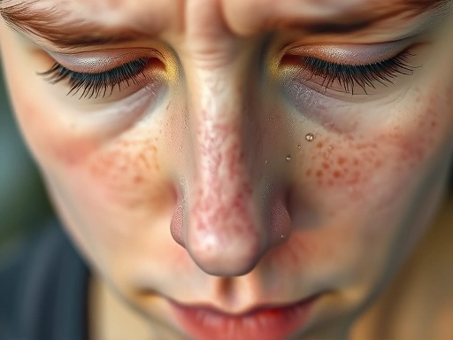 Close-up of a pale face with sweat droplets, indicating the physical symptoms of stress-induced syncope, emphasizing the need for immediate medical attention.