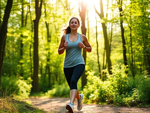 Woman in sportswear jogging through a serene forest, sunlight filtering through trees, promoting stress relief