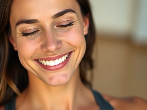Close-up of a smiling woman's face after a yoga session, capturing her peaceful expression and the calming effect