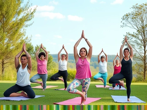 다양한 연령대의 사람들이 야외에서 요가 매트 위에서 차분하게 요가 자세를 취하고 있는 모습
