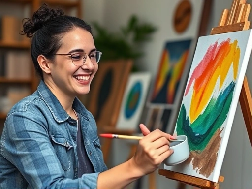 A person smiling while painting a picture, showcasing stress relief through creative hobbies.