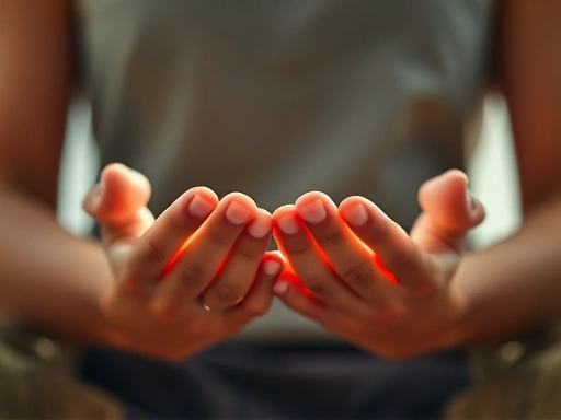 Close-up of hands meditating with soft, natural light, highlighting relaxation and mental wellbeing.