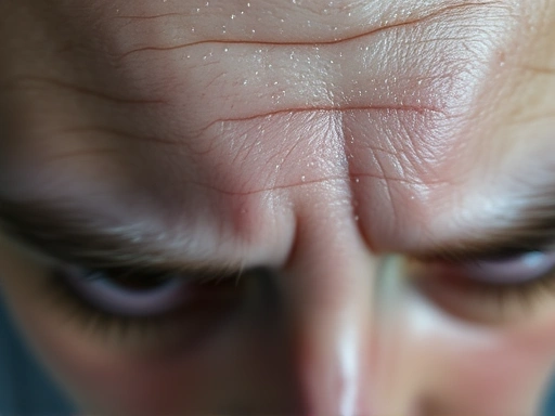 Close-up of a person's forehead with beads of sweat, indicating stress and anxiety, with soft, diffused lighting.