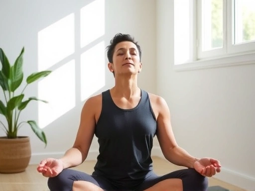 A person practicing deep breathing exercises in a quiet room, emphasizing relaxation and stress relief, with natural sunlight.