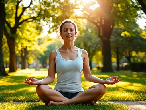 Woman meditating peacefully in a park, sunlight filtering through the trees, promoting stress relief and healthy lifestyle