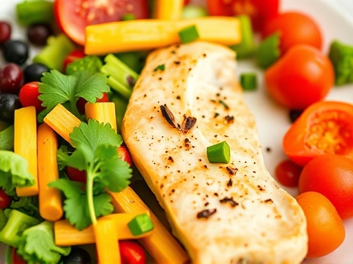 Close-up of a colorful plate with fresh vegetables, fruits, and lean protein, representing healthy eating for weight management