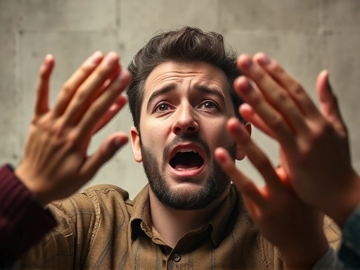 A person looking distressed and reaching out for help, with supportive hands surrounding them.