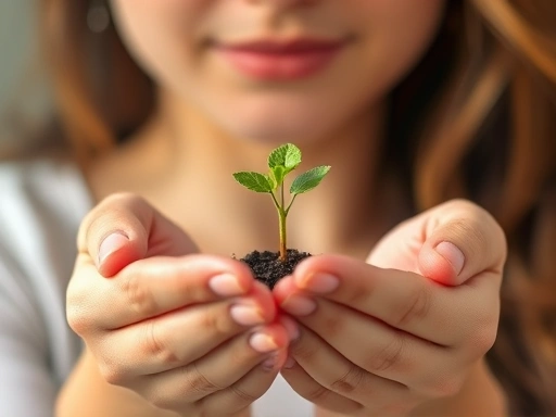 두 손으로 조심스럽게 피어나는 새싹을 감싸고 있는 클로즈업 이미지