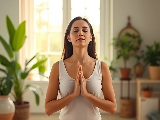 A serene woman practices deep breathing exercises in a peaceful, sunlit room, surrounded by plants and soft lighting, symbolizing relaxation and mindfulness for trauma stress relief.
