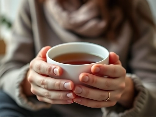 Close-up image of a person's hands gently holding a cup of herbal tea, with a soft, blurred background of a cozy living room, representing comfort and self-care in trauma recovery.