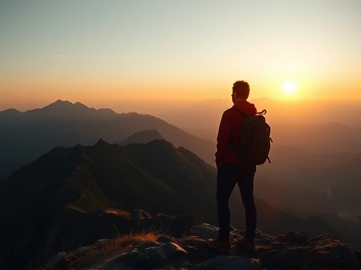 Serene mountain landscape at sunrise, a hiker pauses to admire the view, promoting stress relief.