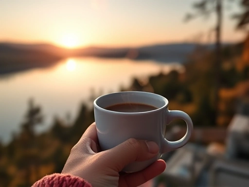 Close-up of a traveler's hand holding a steaming cup of coffee, overlooking a tranquil lake at dawn.